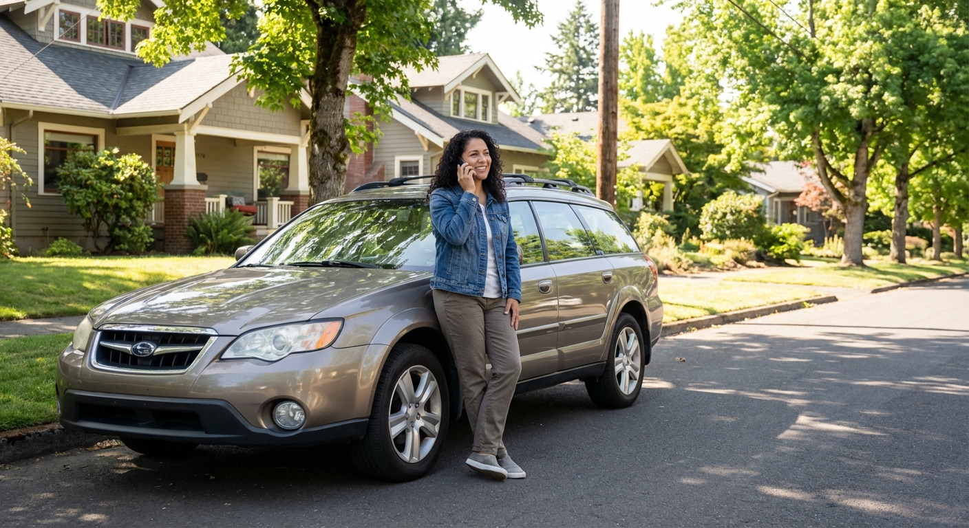 Mujer latina llamando a su seguro después de un accidente de carro en Oregon — tranquila y en control