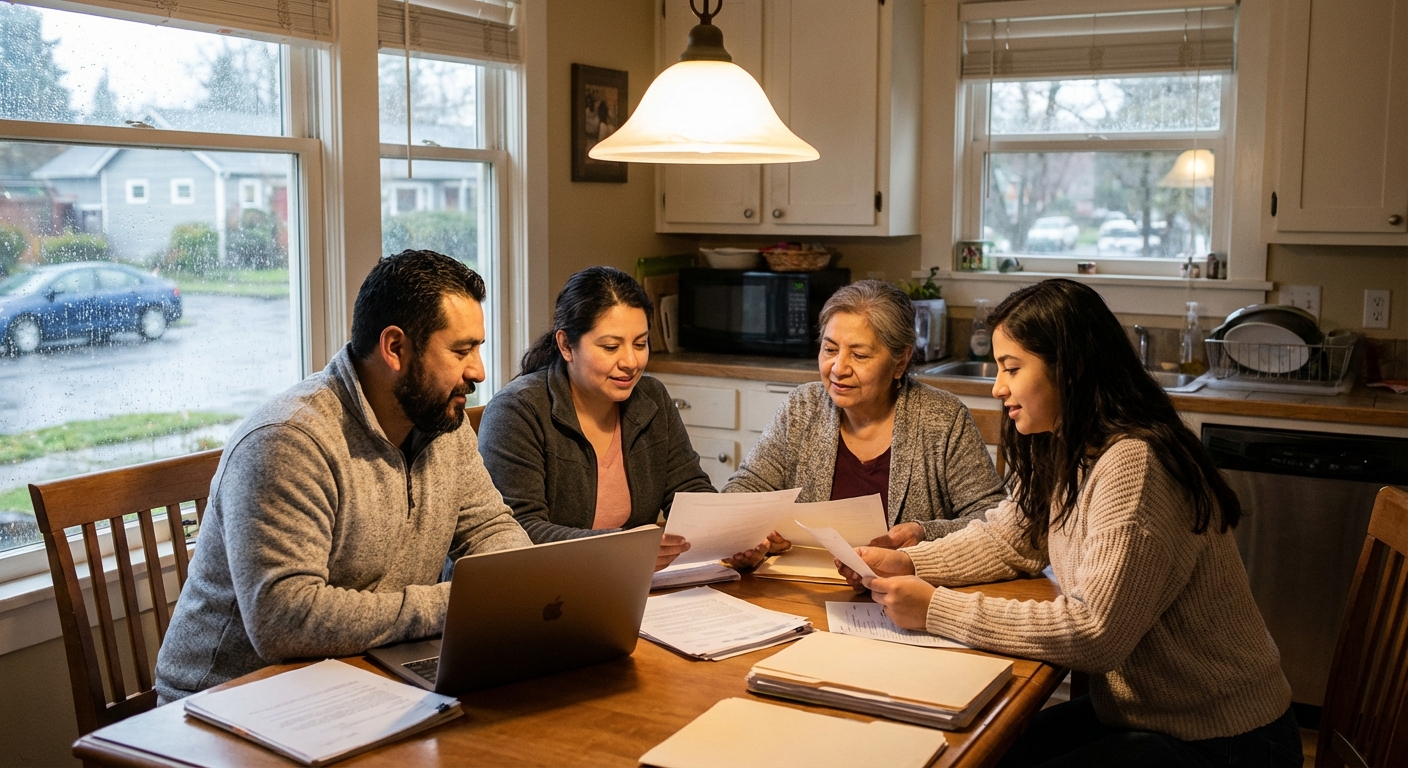 Familia latina en Salem Oregon revisando documentos del seguro después de accidente de carro