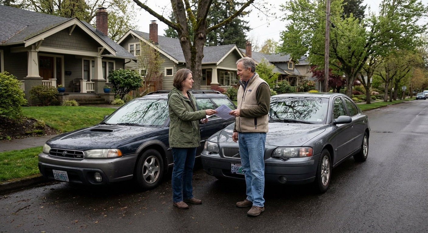 Dos conductores intercambiando información después de un accidente de carro en Oregon
