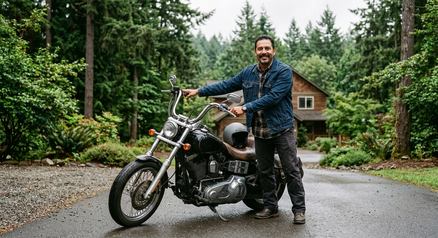 Motociclista latino en Salem Oregon con su moto — seguro de motocicleta para la comunidad hispana