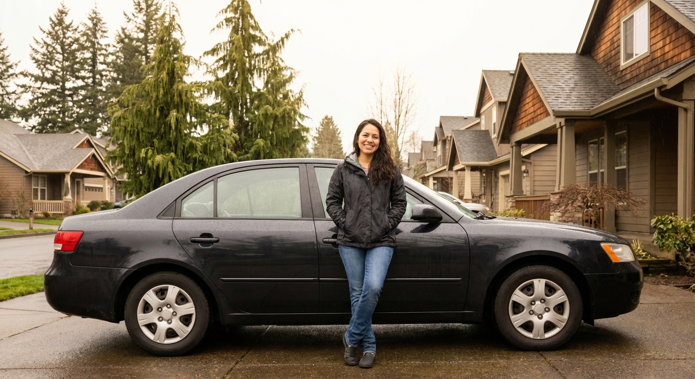 Mujer hispana ahorrando en su seguro de auto en Oregon