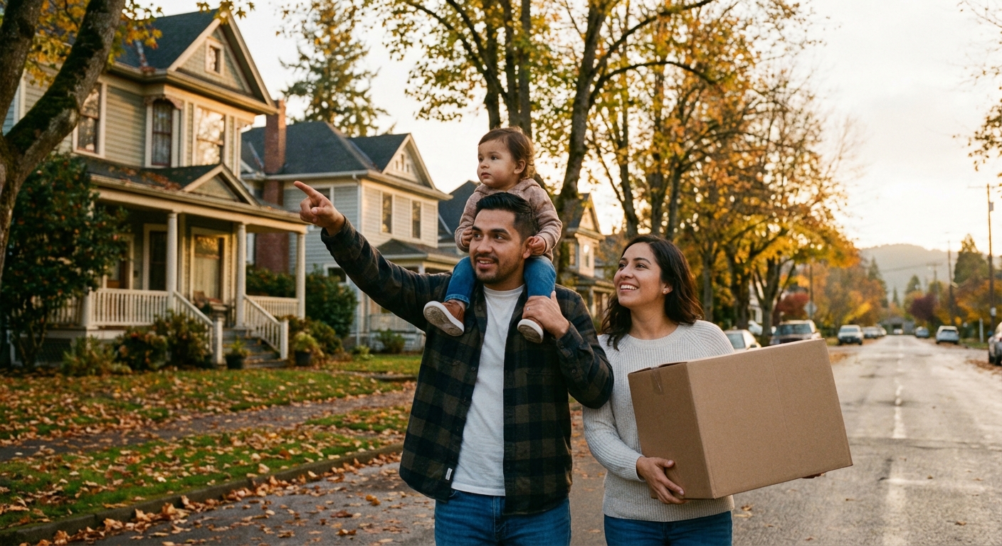 Familia hispana explorando su nuevo vecindario en Salem, Oregon