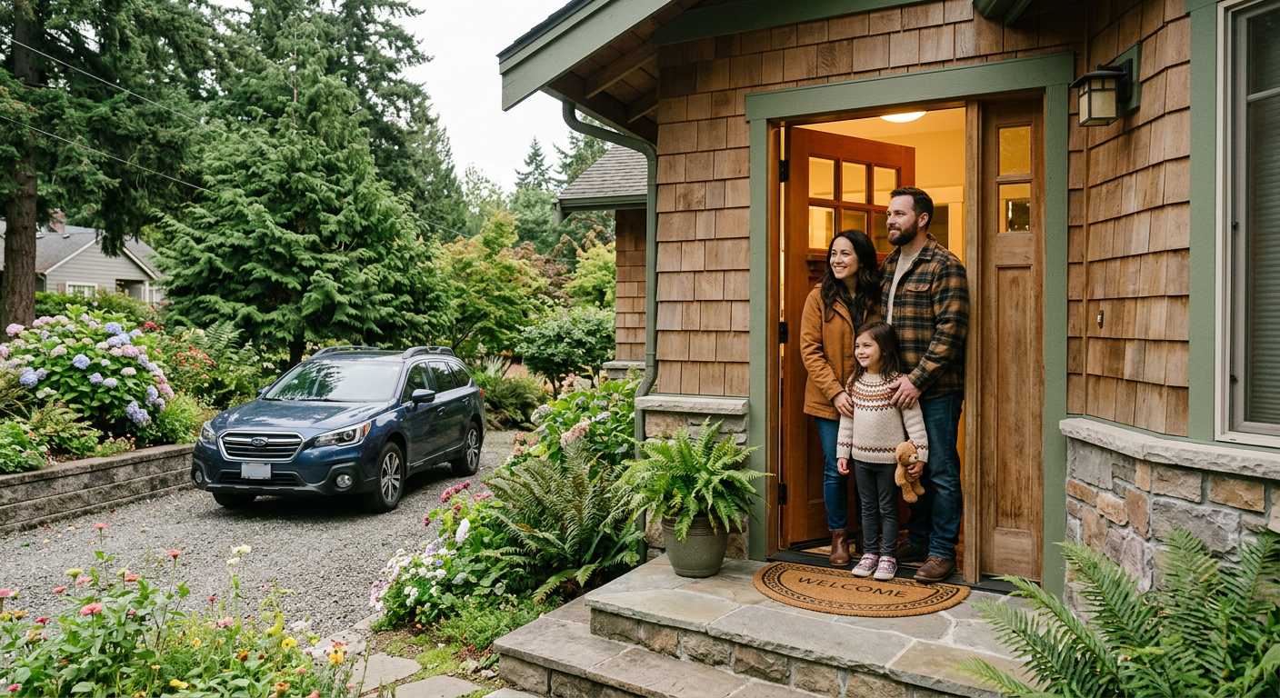 A photorealistic image of a family (parents and a child) standing in the doorway of their home, looking out at their car