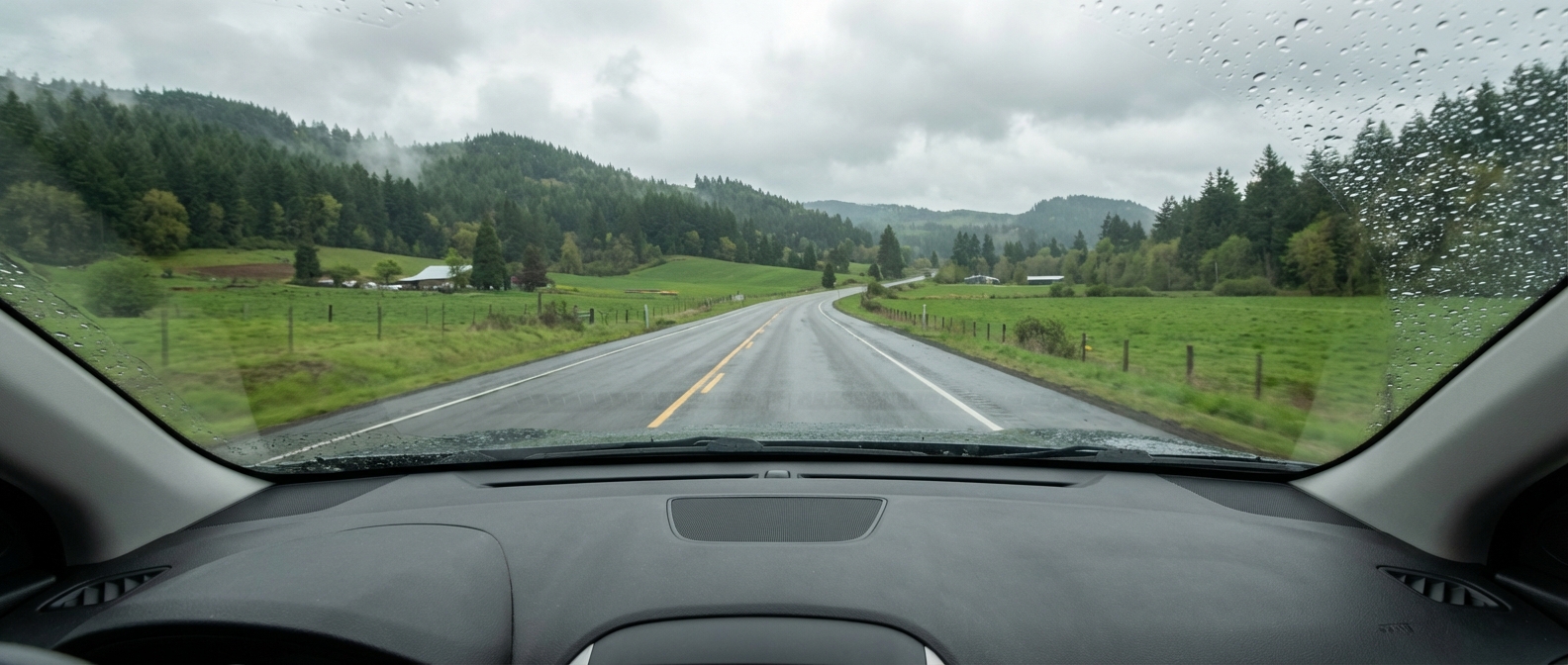Vista desde un auto en una carretera lluviosa de Oregon — la importancia del seguro de auto