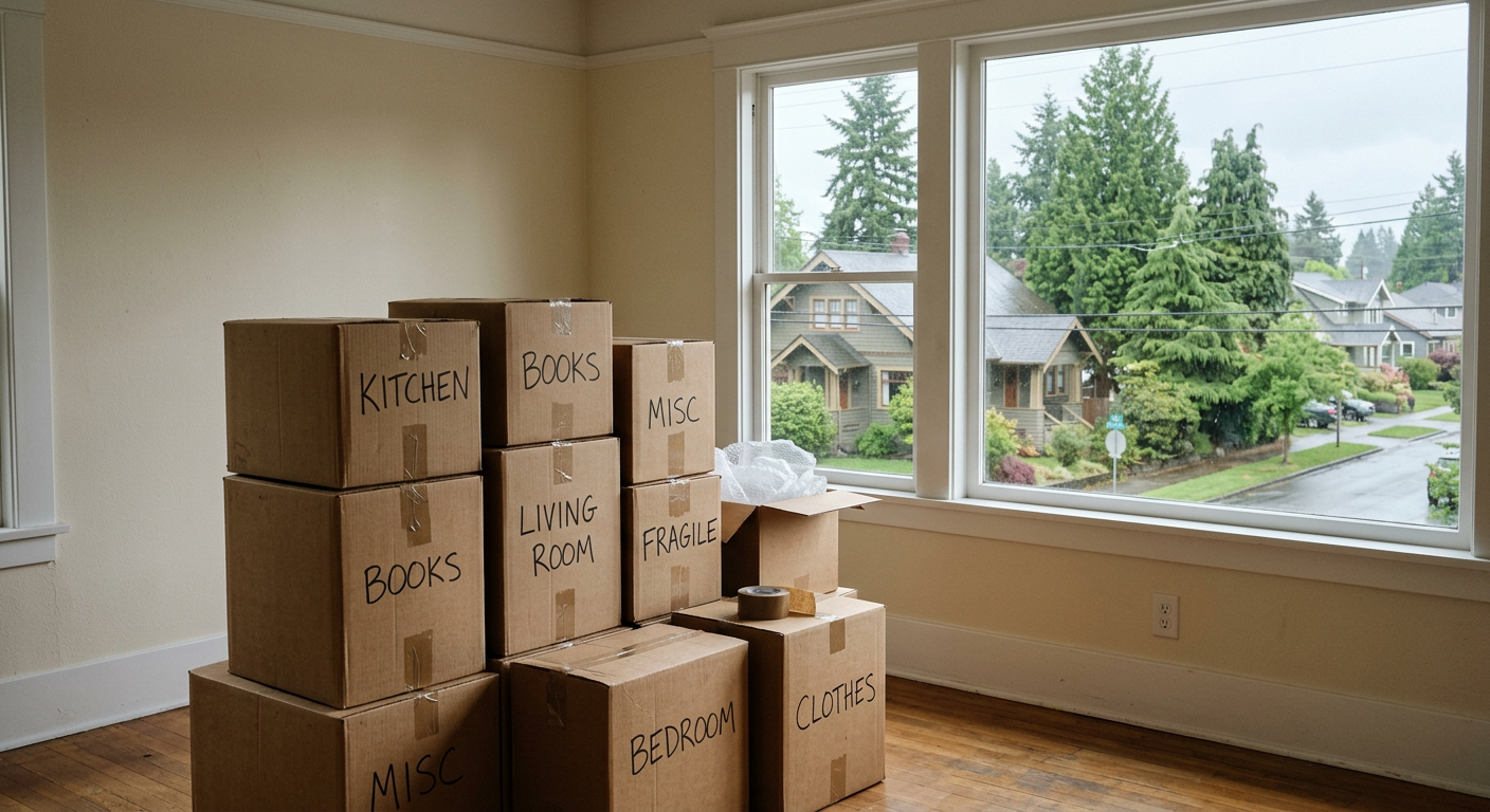 Moving boxes stacked in an empty room of a new home with Pacific Northwest neighborhood outside the window