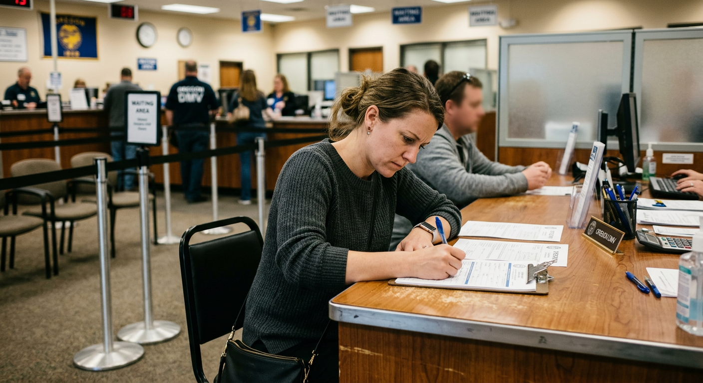 Person at a DMV office desk filling out paperwork with a focused expression