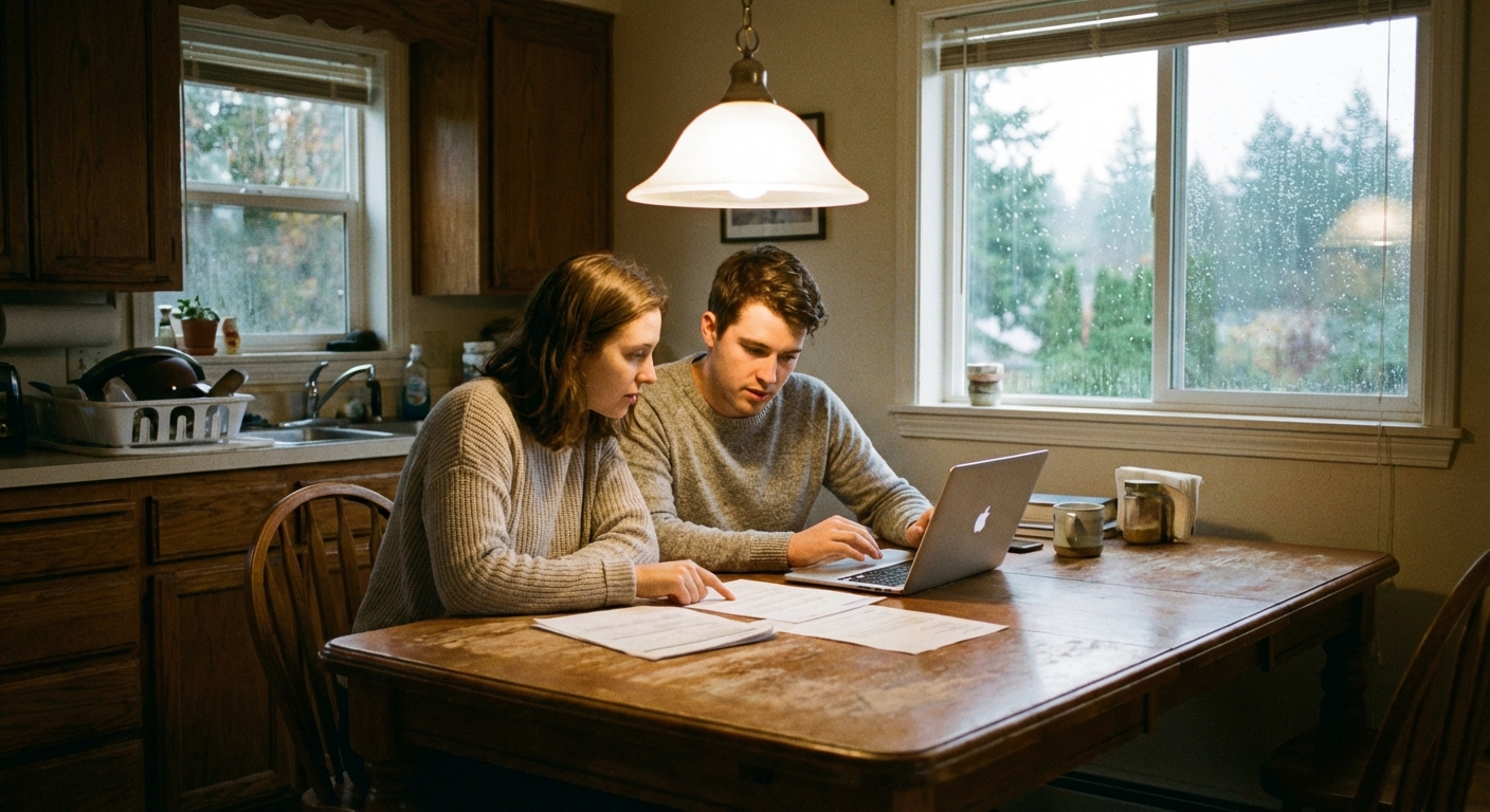 Couple reviewing renters insurance options at kitchen table in Oregon apartment