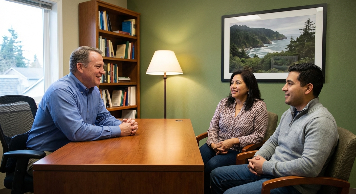 Agente de seguros bilingüe explicando opciones de seguro de auto a una familia hispana en Salem