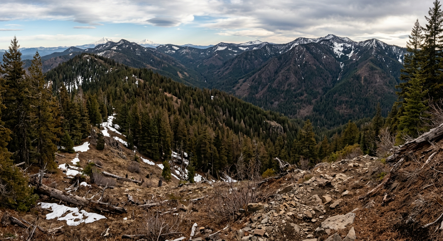 Oregon snowpack 2026 - Oregon forest landscape with sparse snow