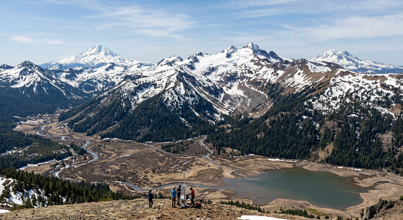 Oregon snowpack 2026 - snow-covered Cascade mountains with low snowpack