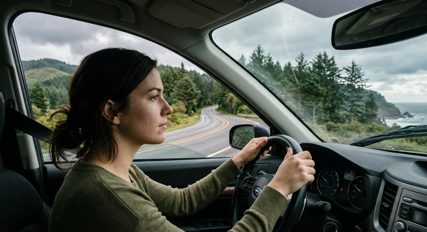 Person in driver seat looking at open Oregon road with quiet resolve