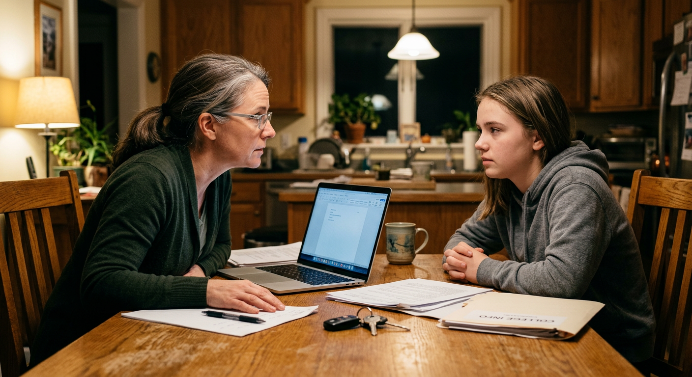 teen driver insurance Oregon - A photorealistic image of a parent and teenager sitting at a kitchen table with 