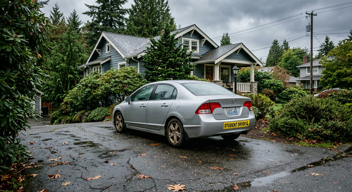 A photorealistic image of a modest used sedan (like a Honda Civic or Toyota Corolla) parked in a suburban driveway in the Pac
