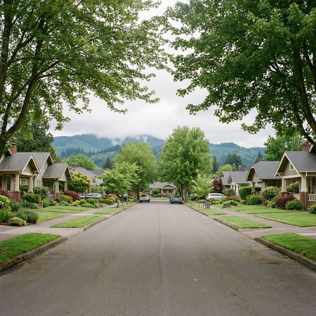 Residential neighborhood street in Keizer Oregon with homes and trees