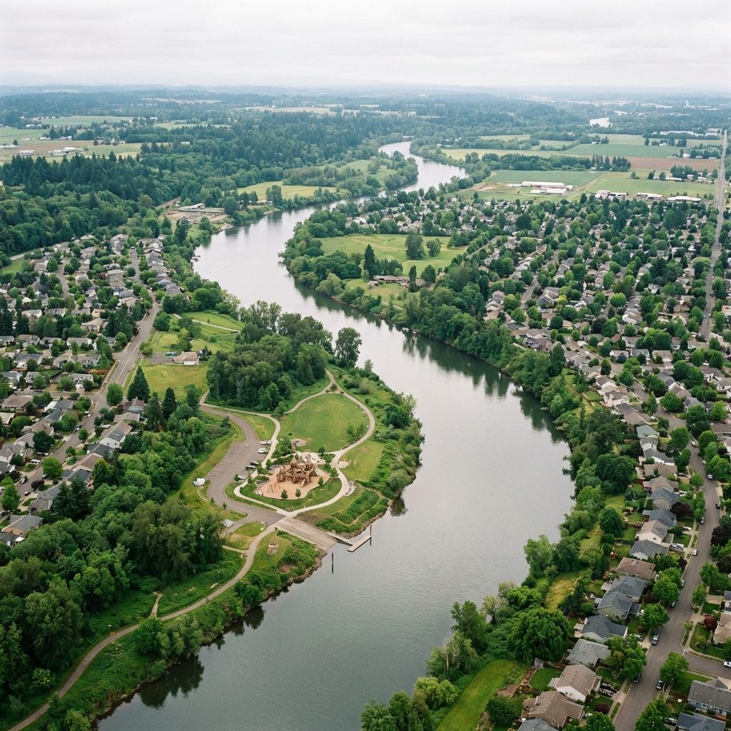 Aerial view of Willamette River near Keizer Oregon showing flood-prone riverside areas
